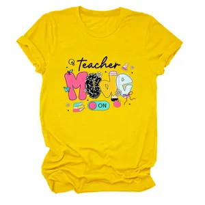 Casual women's yellow short sleeve t-shirt detail featuring teacher mode on graphic print.