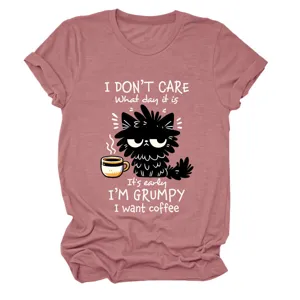 Close up of casual women short sleeve t-shirt with funny grumpy cat coffee graphic print.