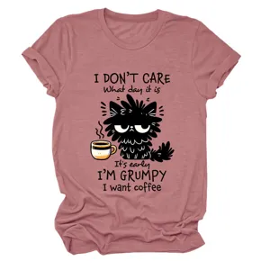 Casual women short sleeve t-shirt with funny cat graphic print for daily wear summer fashion