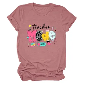 Casual women short sleeve t-shirt featuring teacher mode on graphic print for everyday style.