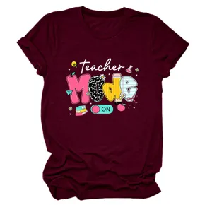 Close-up detail of the maroon short sleeve t-shirt featuring fun teacher graphic print.