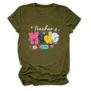 Casual green short sleeve t-shirt for women featuring cute teacher letter print and school theme.