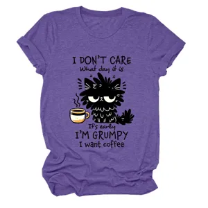 Detailed view of casual women short sleeve graphic t-shirt featuring funny grumpy cat print.