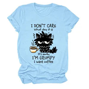 Casual women light blue short sleeve t-shirt funny grumpy cat graphic crewneck top apparel