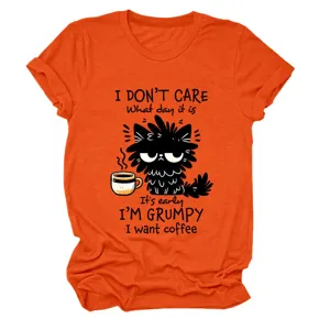 Casual funny women's orange short sleeve t-shirt with cute grumpy cat and coffee print.