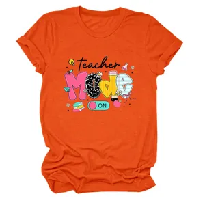 Orange teacher mode on short sleeve t-shirt casual round neck graphic tee for women.