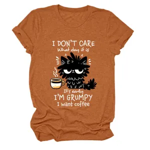 Casual funny women's crew neck short sleeve t-shirt featuring cute black cat graphic print top.
