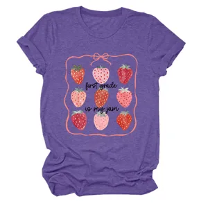 Femme t-shirt violet manches courtes avec graphique de fraise mignon et texte d'ecole