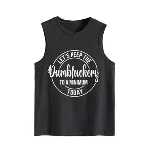 Donkergrijze mouwloze tanktop met grappige sloganprint, casual ronde hals zomertop.