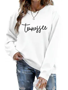 Sweat-shirt blanc pour femme avec imprimé lettres Tennessee, haut décontracté manches longues.