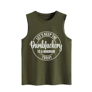 Casual losse dames tanktop in olijfgroen met een grappige tekstprint op de voorkant.