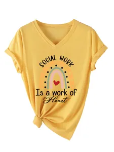 Femme T-Shirt Casual Col V Manches Courtes Social Work Cœur Graphique Été Haut Jaune