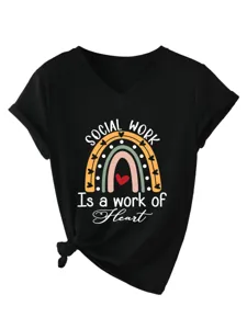 T-shirt décontracté noir à col V et manches courtes pour femmes avec imprimé arc-en-ciel