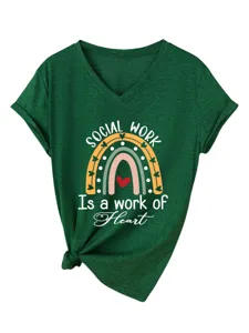 T-shirt décontracté à col en V et manches courtes pour femmes avec motif Social Work