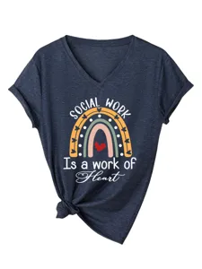 Femme Col V T-Shirt Manches Courtes Travail Social Arc-en-Ciel Imprimé Haut Décontracté