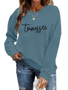Sweat-shirt décontracté pour femme en bleu avec imprimé Tennessee pour l'automne.