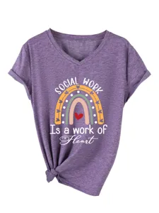 Femme violet col V manches courtes T-shirt decontracte travail social graphique haut