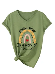 Femme Vert Col V Manches Courtes T-Shirt Casual Travail Social Arc-en-Ciel Coeur Haut
