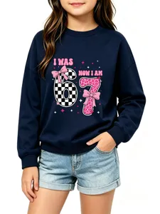Kids long sleeve crewneck sweatshirt featuring a fun birthday graphic design for girls.