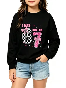 Kids birthday sweatshirt with cute number graphic long sleeve black pullover top for girls