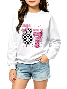 Detailed view of kids casual long sleeve sweatshirt featuring custom birthday graphic print design.