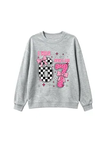 Detail view of grey kids birthday sweatshirt featuring number 6 and 7 print design.