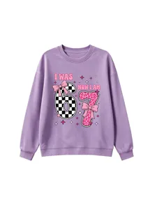 Kids purple sweatshirt with number 6 and 7 print, casual long sleeve crewneck top for children.
