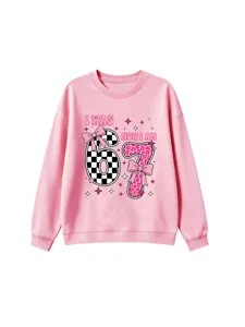 Pink kids crewneck sweatshirt, cute birthday party graphic long sleeve top for girls.