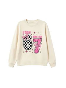 Kids cute 7th birthday sweatshirt cream long sleeve casual pullover top with fun graphic.