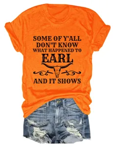 Orange short sleeve graphic tee for women featuring funny text and bull skull print casual top.