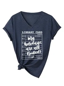 Dames Casual V-Hals Korte Mouw T-Shirt Bibliotheek Kaart Grafische Print Zomer Top!