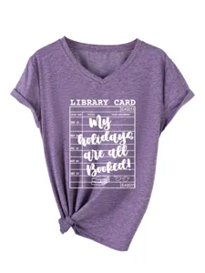 Casual dames V-hals korte mouw T-shirt paars melange bibliotheek kaart grafische top