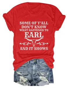 Detail shot of stylish red short sleeve graphic t-shirt with funny quote and bull skull design.