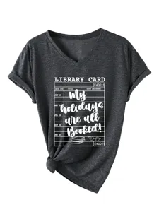 Casual dames V-hals korte mouw t-shirt met grappige bibliotheekkaart grafische print.