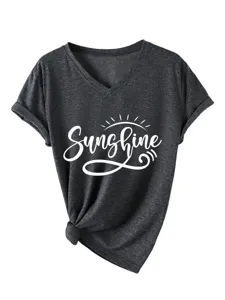 T-shirt femme décontracté gris foncé col V manches courtes avec imprimé sunshine et nœud.