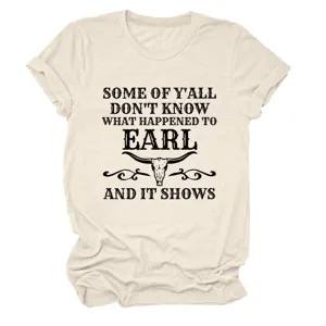 Women casual beige short sleeve t-shirt with funny western bull skull letter print