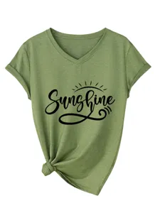 T-shirt femme décontracté vert à col V et manches courtes avec imprimé Sunshine et nœud.