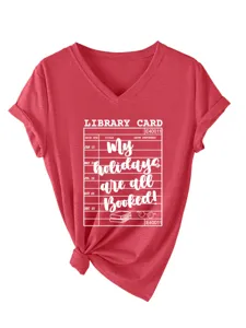 Dames V-hals korte mouw t-shirt met bibliotheekkaart grafische casual rode zomertop