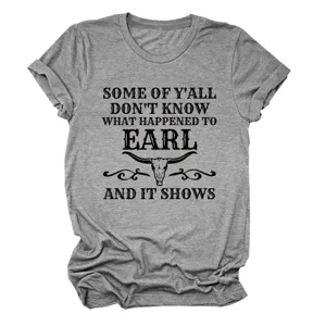 Grey short sleeve t-shirt for women with funny graphic text, casual crewneck top apparel.