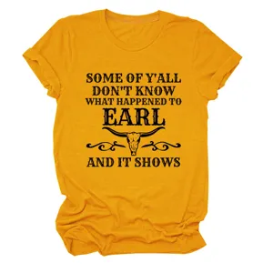 Women casual crewneck short sleeve t-shirt with graphic print, stylish mustard yellow top.