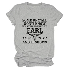 Women's casual grey graphic short sleeve t-shirt with letter print detail for daily wear.