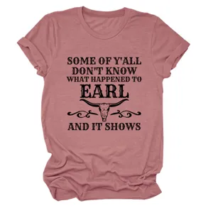 Women casual crewneck short sleeve graphic t-shirt with funny western slogan print top.