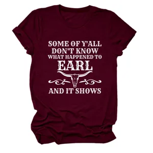 Stylish casual burgundy short sleeve t-shirt for women with funny graphic print top.