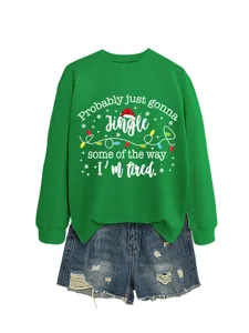 Christmas graphic sweatshirt paired with denim shorts, casual green long sleeve top for women.