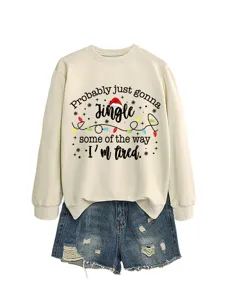 Christmas themed crewneck sweatshirt and denim shorts set with funny quote print for women autumn.
