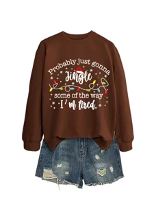 Women's brown crewneck long sleeve Christmas graphic sweatshirt and denim shorts set