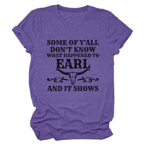 Close up detail of purple graphic t-shirt with funny quote and bull skull print design.