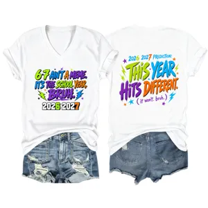 Women's V-neck short sleeve white t-shirt featuring trendy front and back graphic prints.