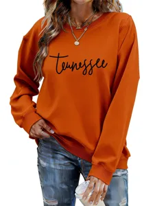 Sweat-shirt femme orange imprimé lettres Tennessee manches longues col rond mode automne.