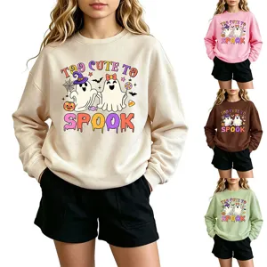 Kids autumn winter cute ghost print sweatshirt detail view, comfortable long sleeve pullover.